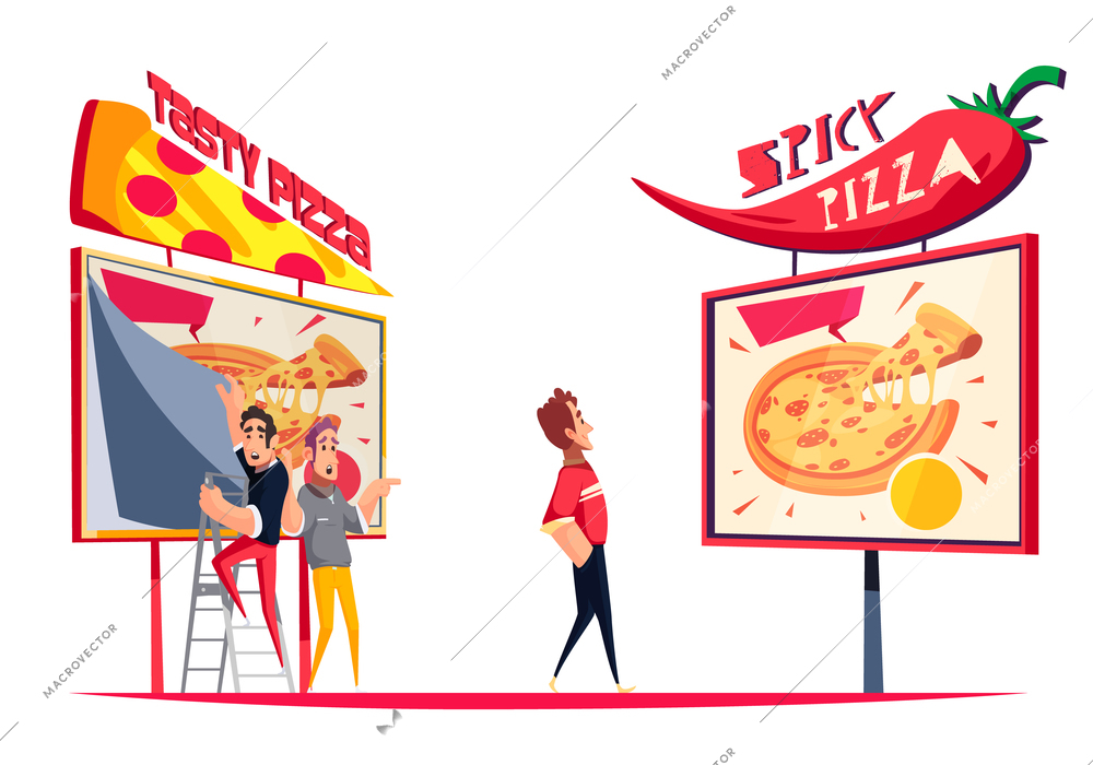 Microstock originality concept with two similar pizza advertising billboards vector illustration