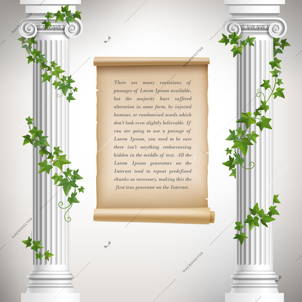 Antique greek columns with vine and vintage scroll poster vector illustration