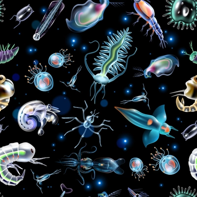 Colorful abstract pattern consisting of glowing lights and luminescent images of marine plankton on dark background vector illustration