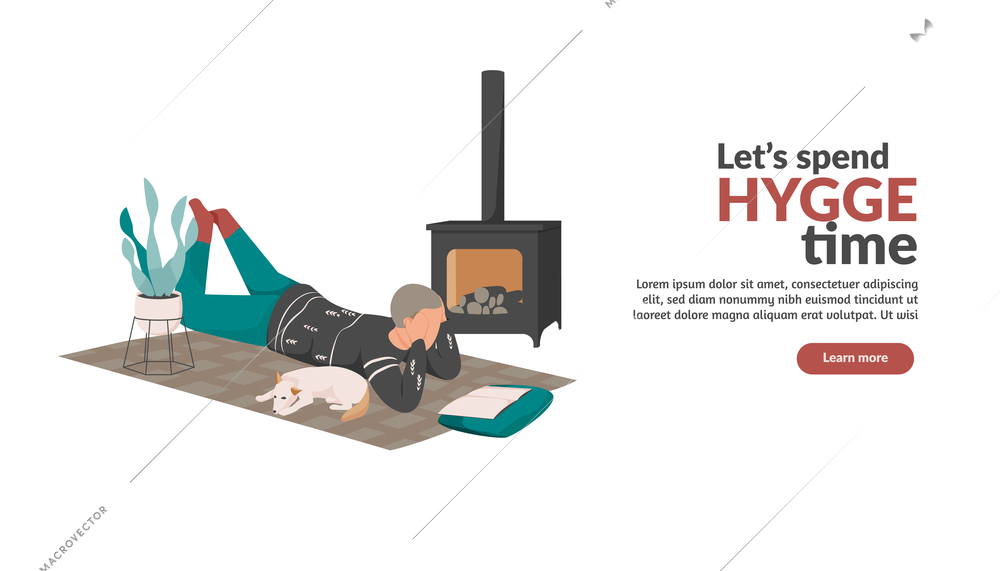 Hygge lifestyle flat background with editable text clickable learn more button and images of leisure activity vector illustration