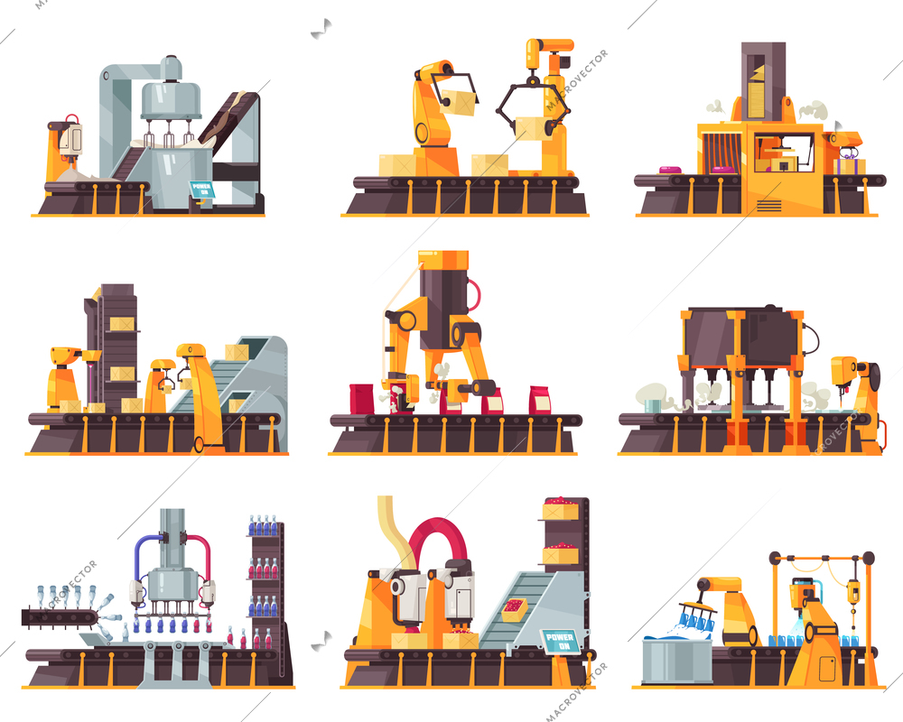 Automated robotic packing conveyor belt isolated icon set with machines in warehouse vector illustration