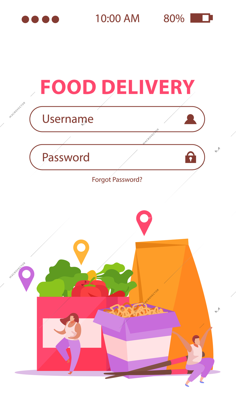 Food delivery flat background with mobile web page login fields and fastfood meal with location signs vector illustration