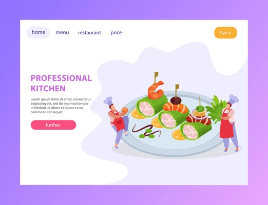 Professional kitchen landing page with clickable buttons editable text links and gourmet dish image with cooks vector illustration
