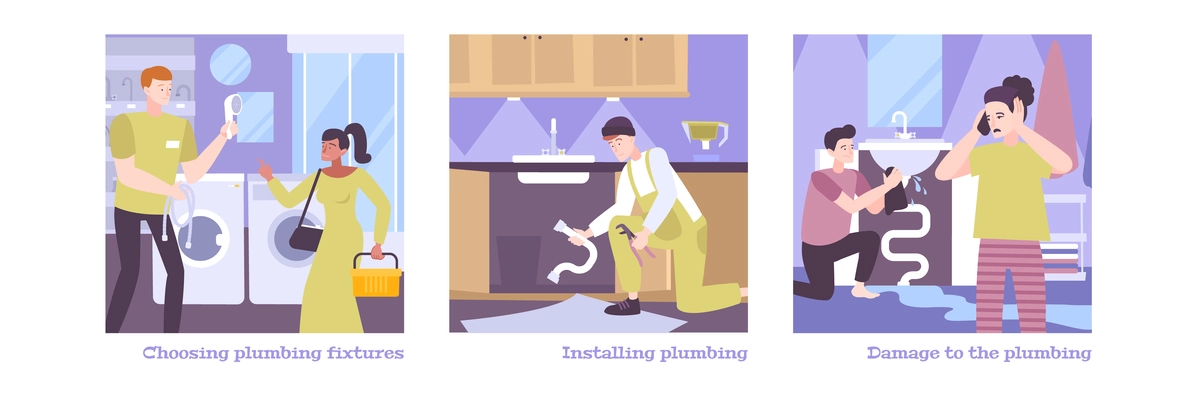 Plumbing set of three square compositions with flat human characters of clients and plumbers at work vector illustration