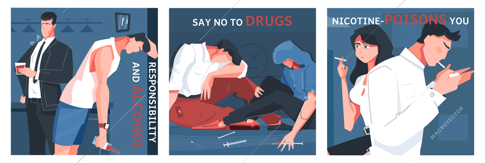 Addiction set with three square compositions of text and people addicted to drugs alcohol and smoking vector illustration