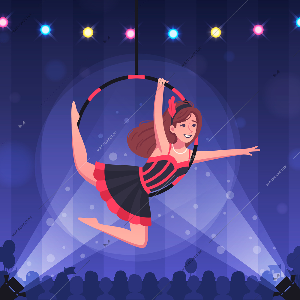 Circus air gymnasts cartoon background with public performance symbols vector illustration