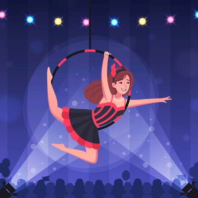 Circus air gymnasts cartoon background with public performance symbols vector illustration