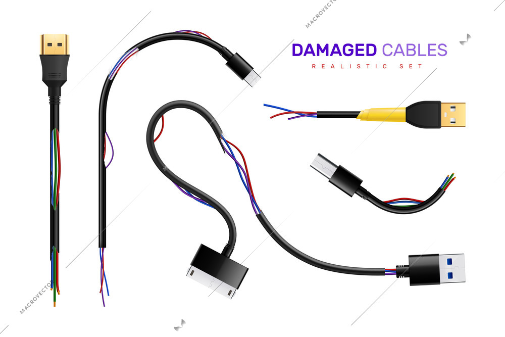 Set of isolated usb plug in cables damaged with realistic images of broken wires and connectors vector illustration