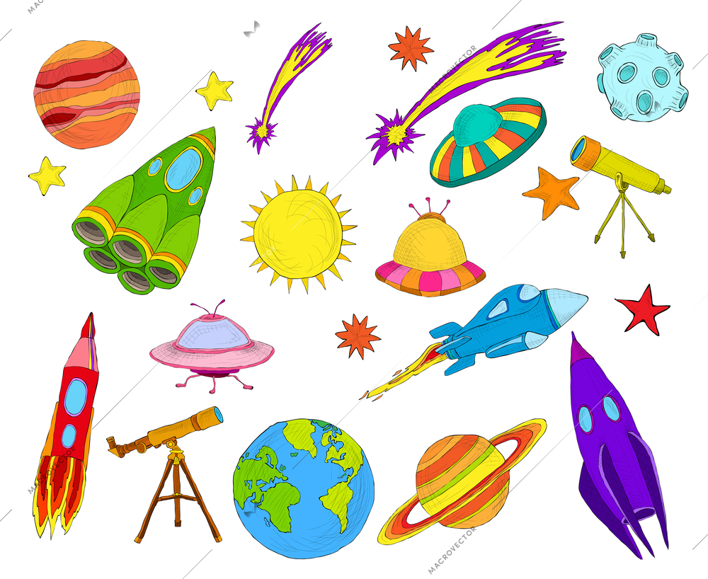 Space and astronomy decorative elements colored sketch set isolated vector illustration.