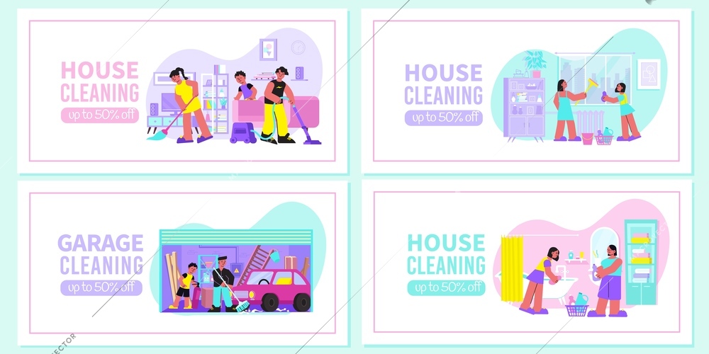 Spring house cleaning 4 flat web banners with sweeping vacuuming floor sponging window washing garage vector illustration