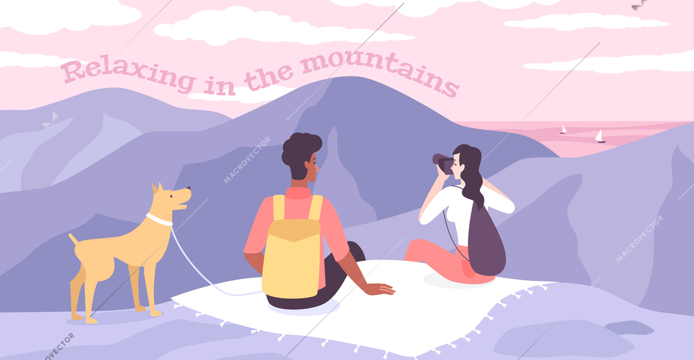 Relaxing in mountains flat vector illustration with young couple and their dog sitting on mountaintop and looking around with binoculars