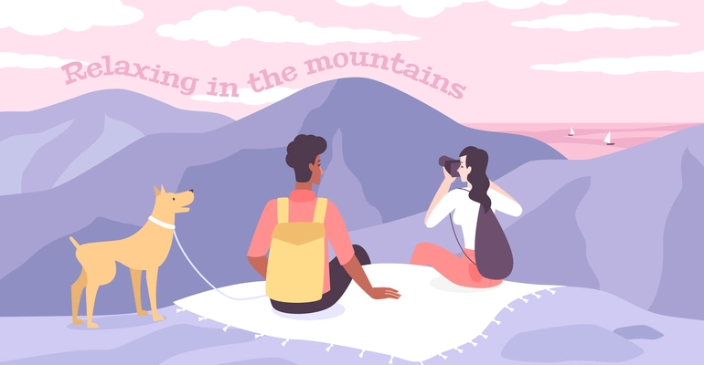 Relaxing in mountains flat vector illustration with young couple and their dog sitting on mountaintop and looking around with binoculars