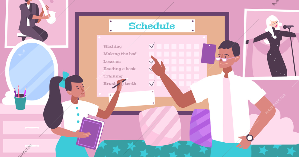 Parenting flat background with father who makes up schedule for his daughter vector illustration