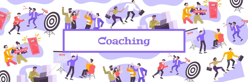 Coaching flat pattern with coaches helping people in career advancement creating team or start business vector illustration