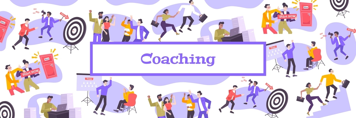 Coaching flat pattern with coaches helping people in career advancement creating team or start business vector illustration