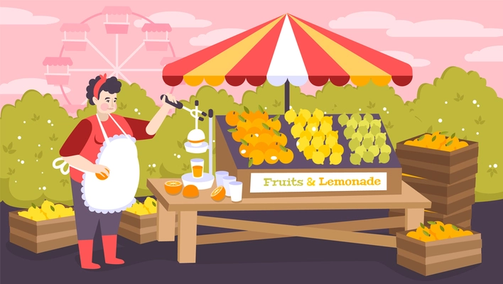 Shopping stall in city amusement park with fruits and lemonade on  counter flat background vector illustration