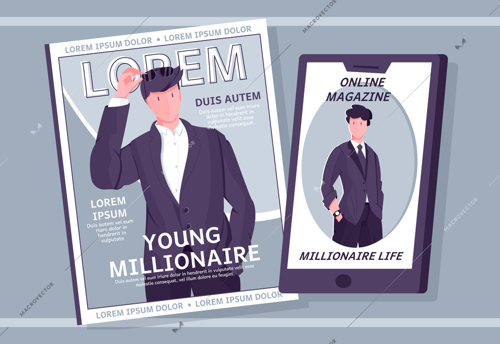 Millionaire rich people composition with flat images of printed magazine and tablet with luxury life newspaper vector illustration