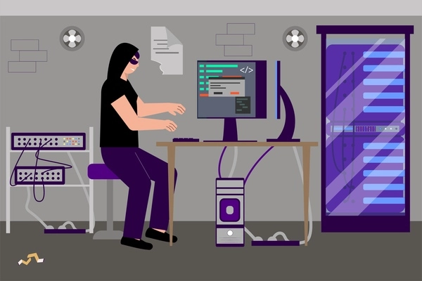 Hacking flat composition with indoor scenery and character of hacker busy with laptop near server rack vector illustration