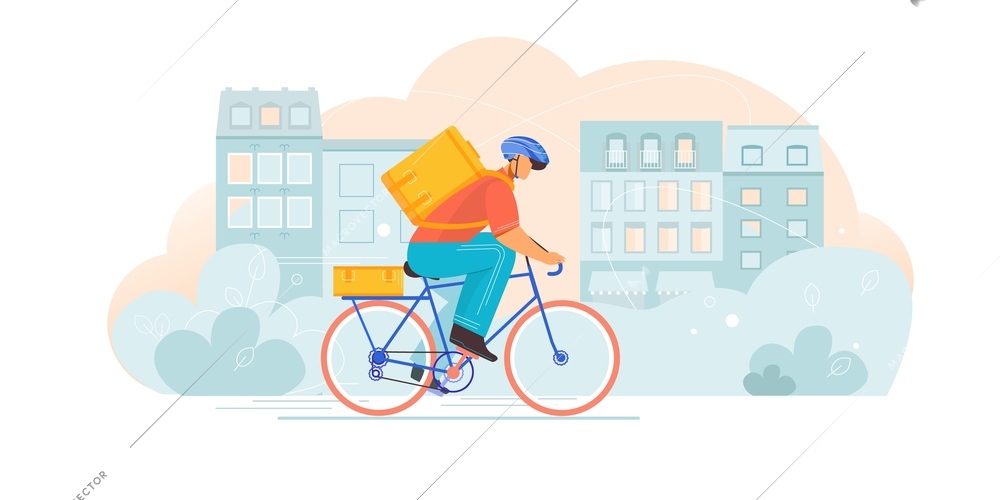 Bicycle delivery composition with flat character of courier riding bike with carrier bag on cityscape background vector illustration