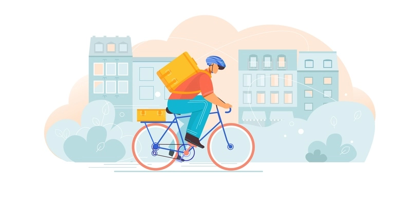 Bicycle delivery composition with flat character of courier riding bike with carrier bag on cityscape background vector illustration