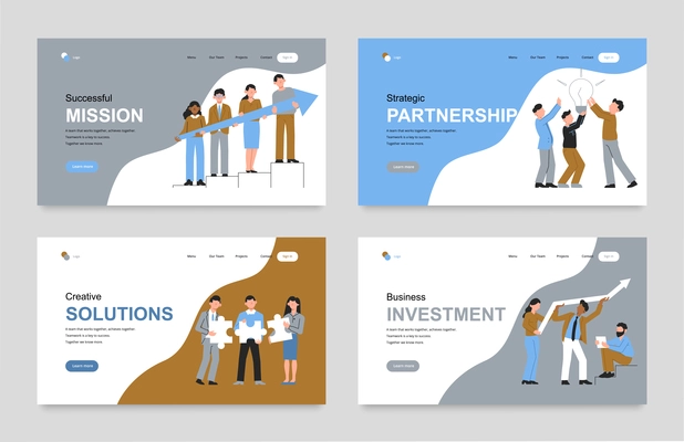 Teamwork set of horizontal banners with website elements clickable links buttons and human characters with icons vector illustration