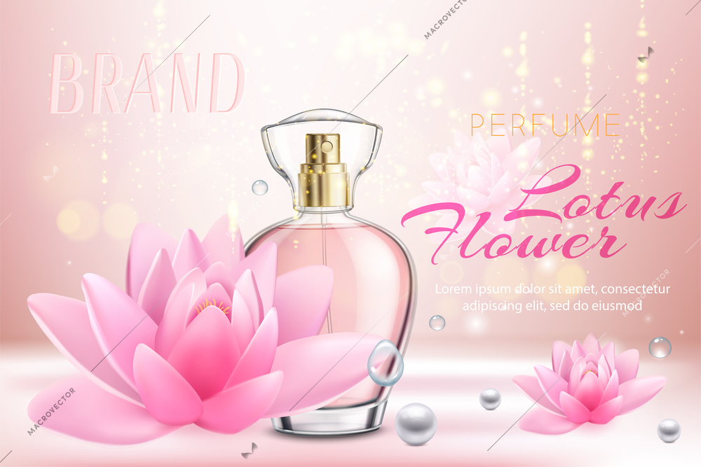 Realistic design advertisement with bottle of floral female perfume and pink lotus flowers vector illustration