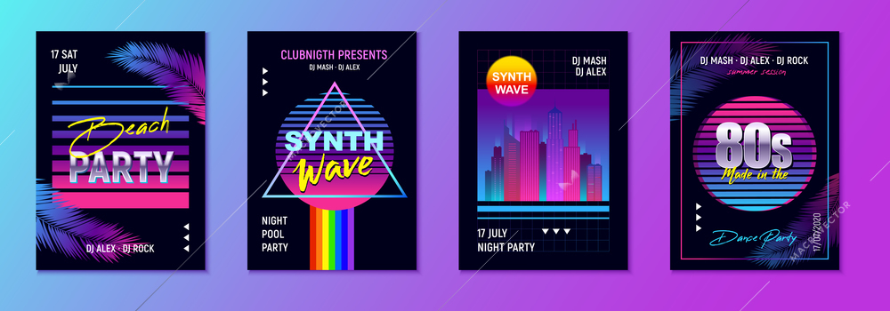 Realistic retro wave party set of four vertical posters with event advertising text and artwork images vector illustration