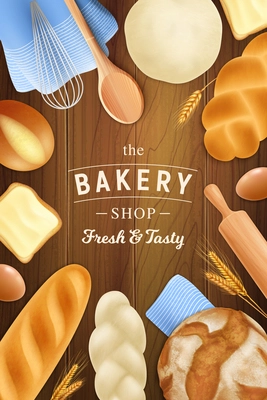 Realistic bread pastry bakery vertical poster with ornate text on wooden background with baked goods images vector illustration