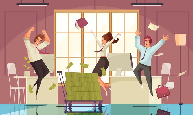 Joyful jumping people background with success at work symbols flat vector illustration