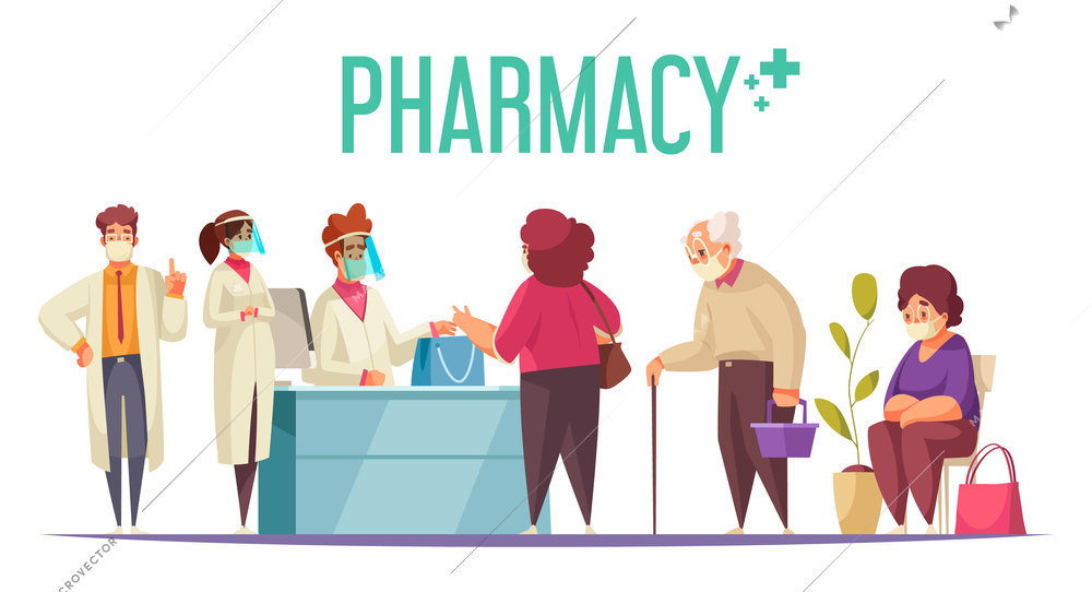 Pharmacy business concept with medicine and healthcare symbols flat vector illustration