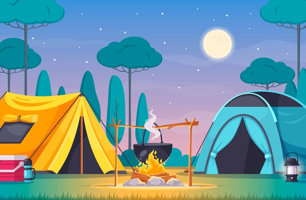 Camping composition with two tents fire cool box on background with trees and night sky cartoon vector illustration