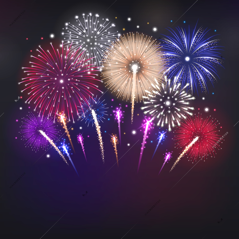 Realistic background with glowing colorful fireworks on dark sky vector illustration