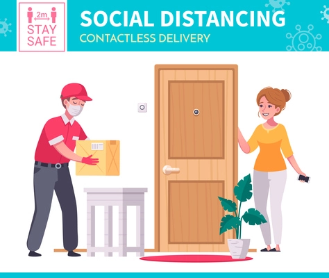 Social distancing infographic poster with safe contactless way of delivering goods cartoon vector illustration