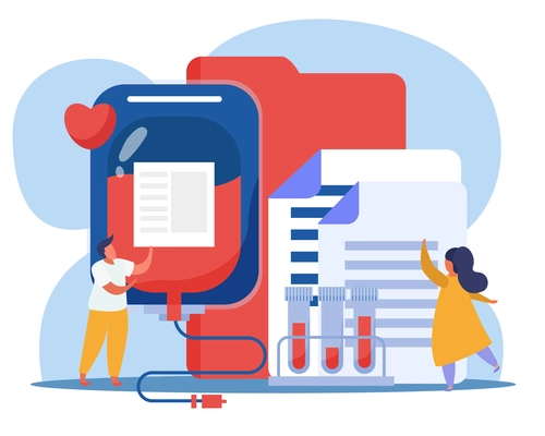 Blood donor and volunteer composition with blood test and plasma symbols flat vector illustration