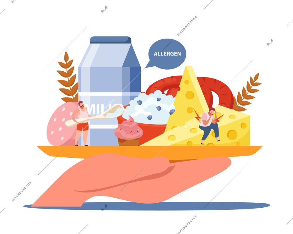 Lactose and gluten intolerance composition with allergen and healthcare symbols flat vector illustration