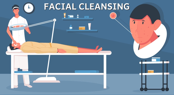 Face cleaning man composition with doodle human characters of patient and doctor with operating room scenery vector illustration