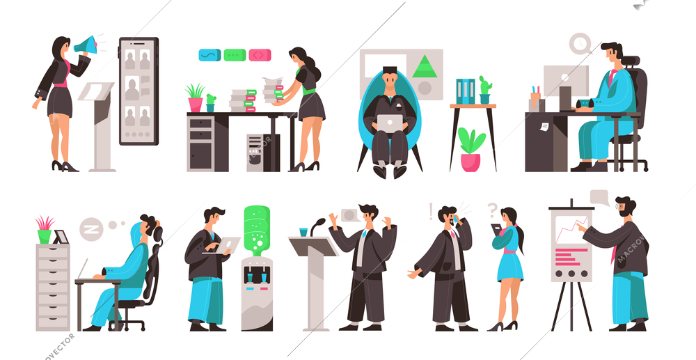 Business office color set of isolated compositions with doodle human characters of workers at their workplaces vector illustration