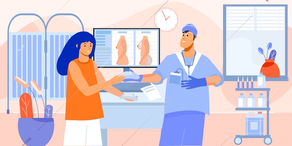 Plastic surgeon consultation for breast enlarging surgery with doctor showing patient implants in his office vector illustration