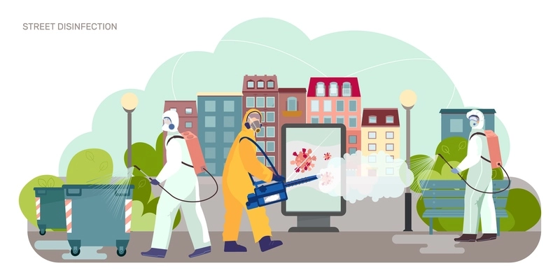 City sanitizing fighting viruses flat composition with squad in protective suits spraying disinfectant on streets vector illustration