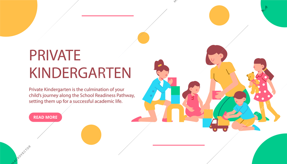 Kindergarten horizontal banner with read more button text and characters of kids with nursery school teacher vector illustration