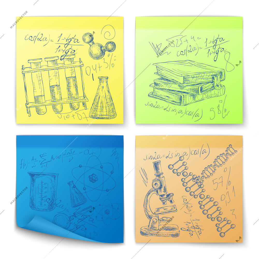 Science education sketch stickers with atom dna structure books microscope isolated vector illustration