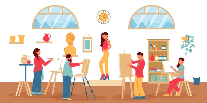 Artist creative professions composition with group of painters and female model human characters in studio environment vector illustration