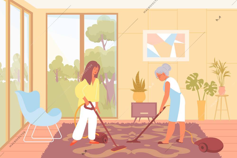 Young and elderly women cleaning floor carpet with vacuum flat vector illustration