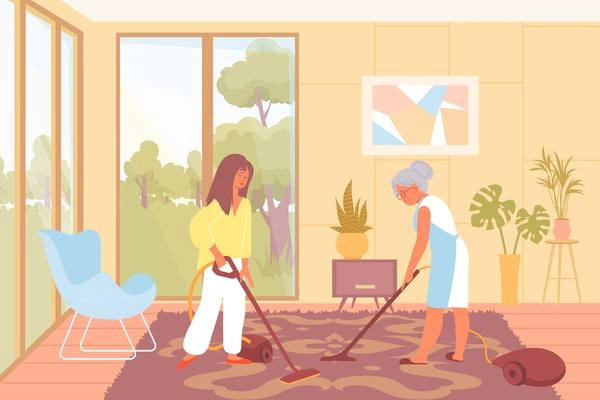 Young and elderly women cleaning floor carpet with vacuum flat vector illustration