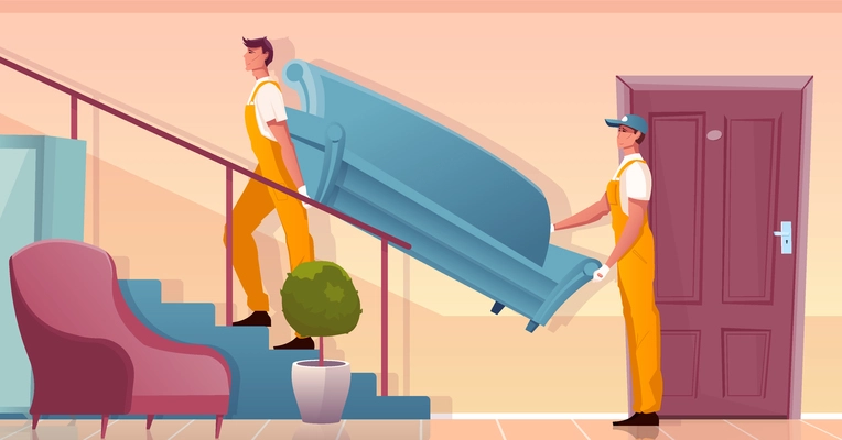 Furniture delivery background with two movers carrying blue sofa upstairs flat vector illustration