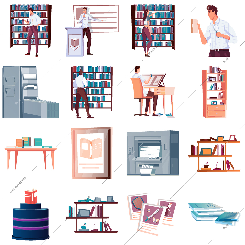 Set of icons with book shop presentation publishing house illustrator customer flat isolated vector illustration