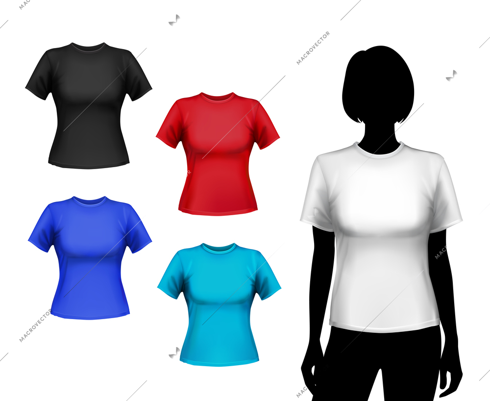 Colored round neck t-shirts female set with woman silhouette isolated vector illustration