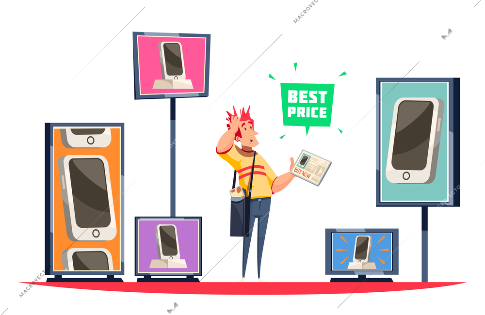 Microstock stolen picture concept with confused man and smartphone images vector illustration