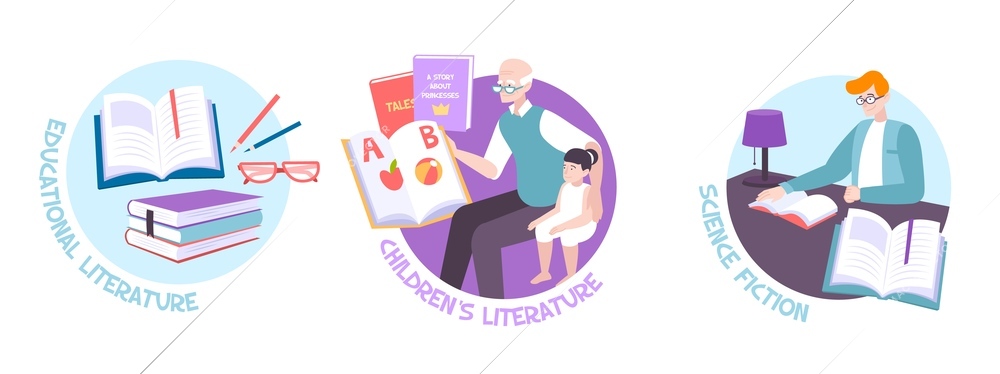 Set with three isolated book round compositions with images of reading people books and editable text vector illustration