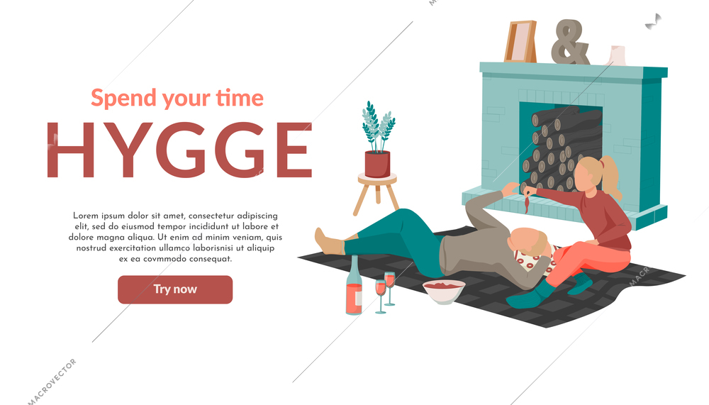 Hygge lifestyle flat background with try now button editable text and image of couple at rest vector illustration